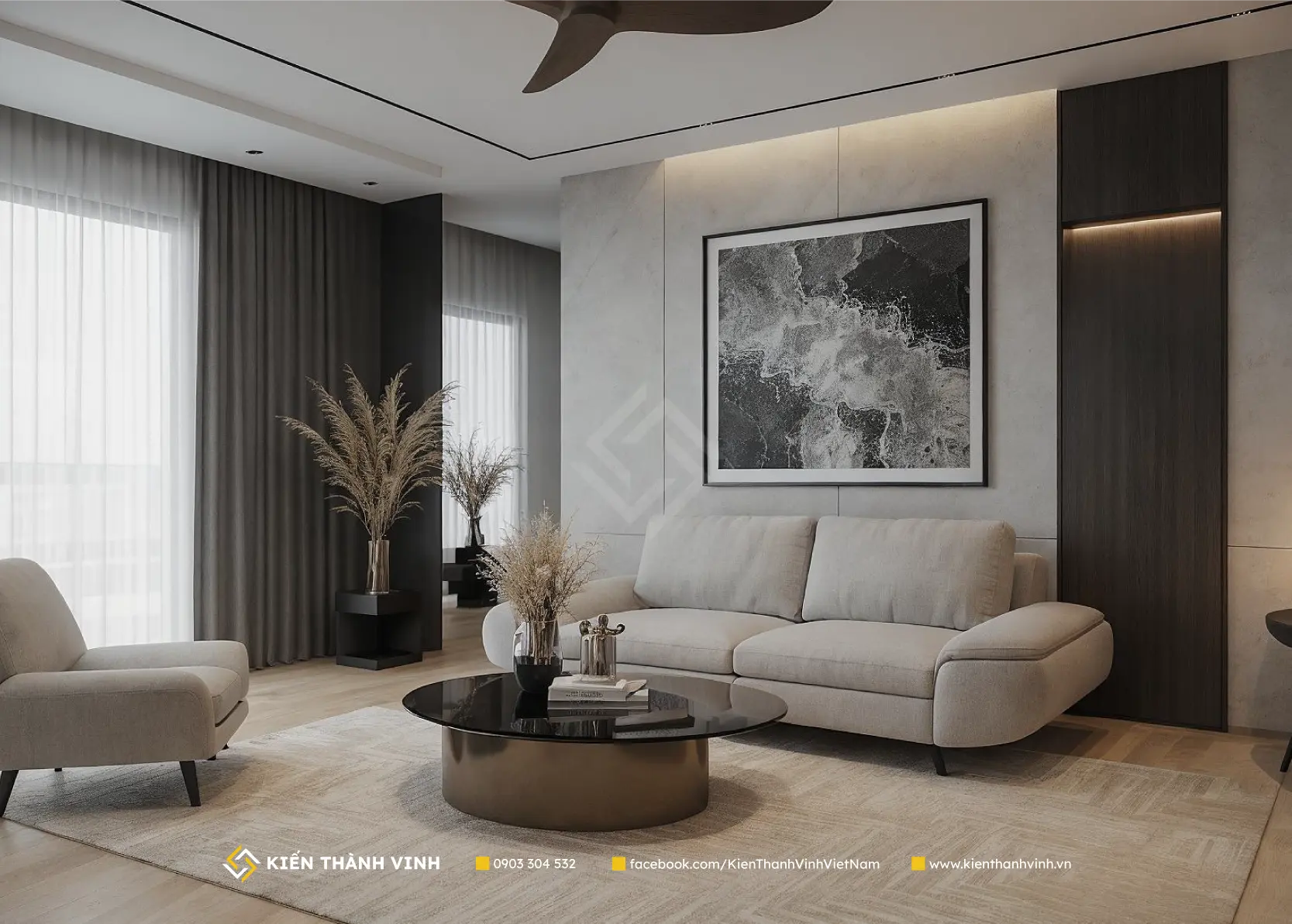 phòng khách nhà phố kiểu Nhật tối giản và thanh tịnh Contempo Casa