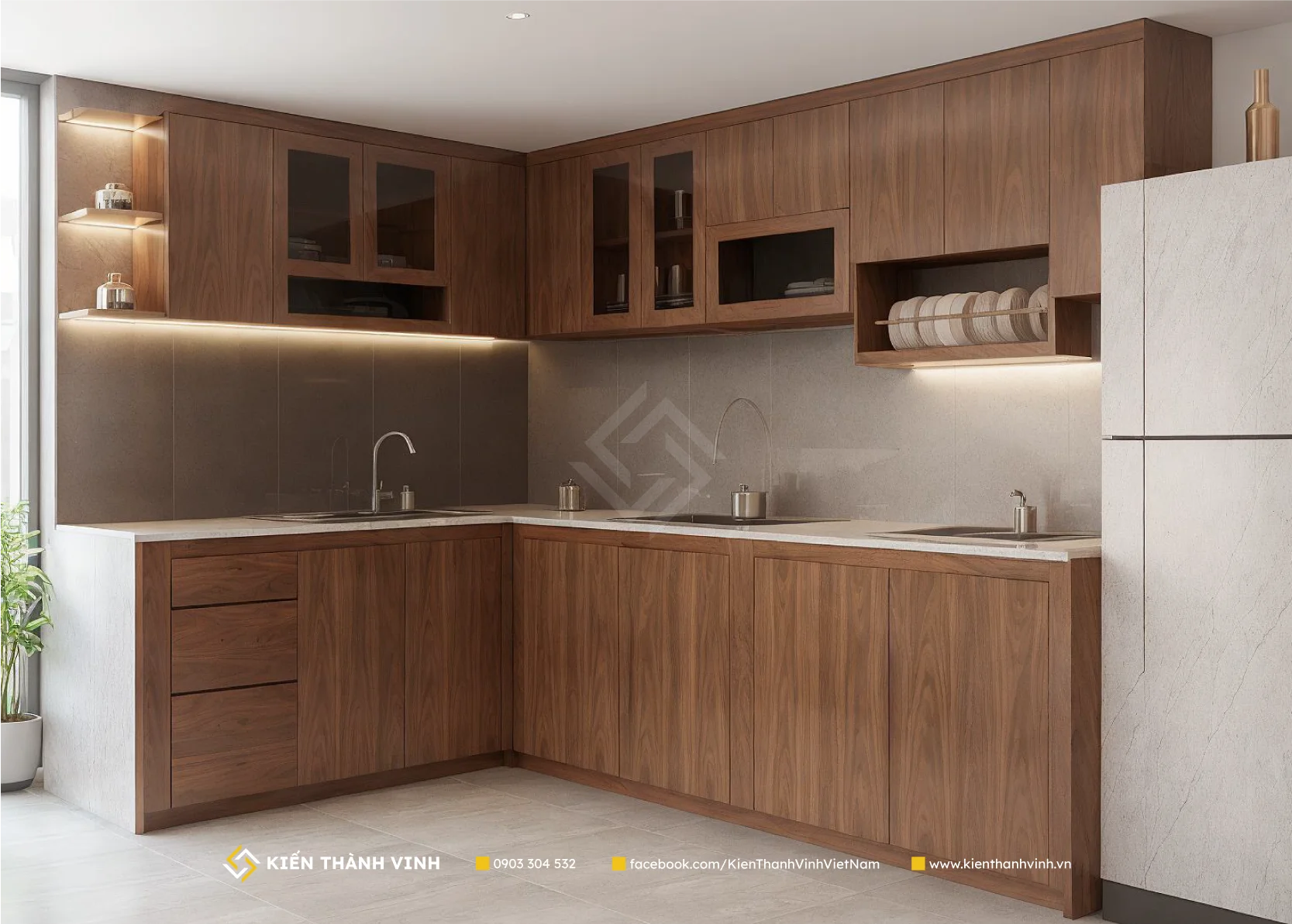 toàn cảnh phòng bếp nhà phố hiện đại với kiến trúc thẳng tầng Visionary Home