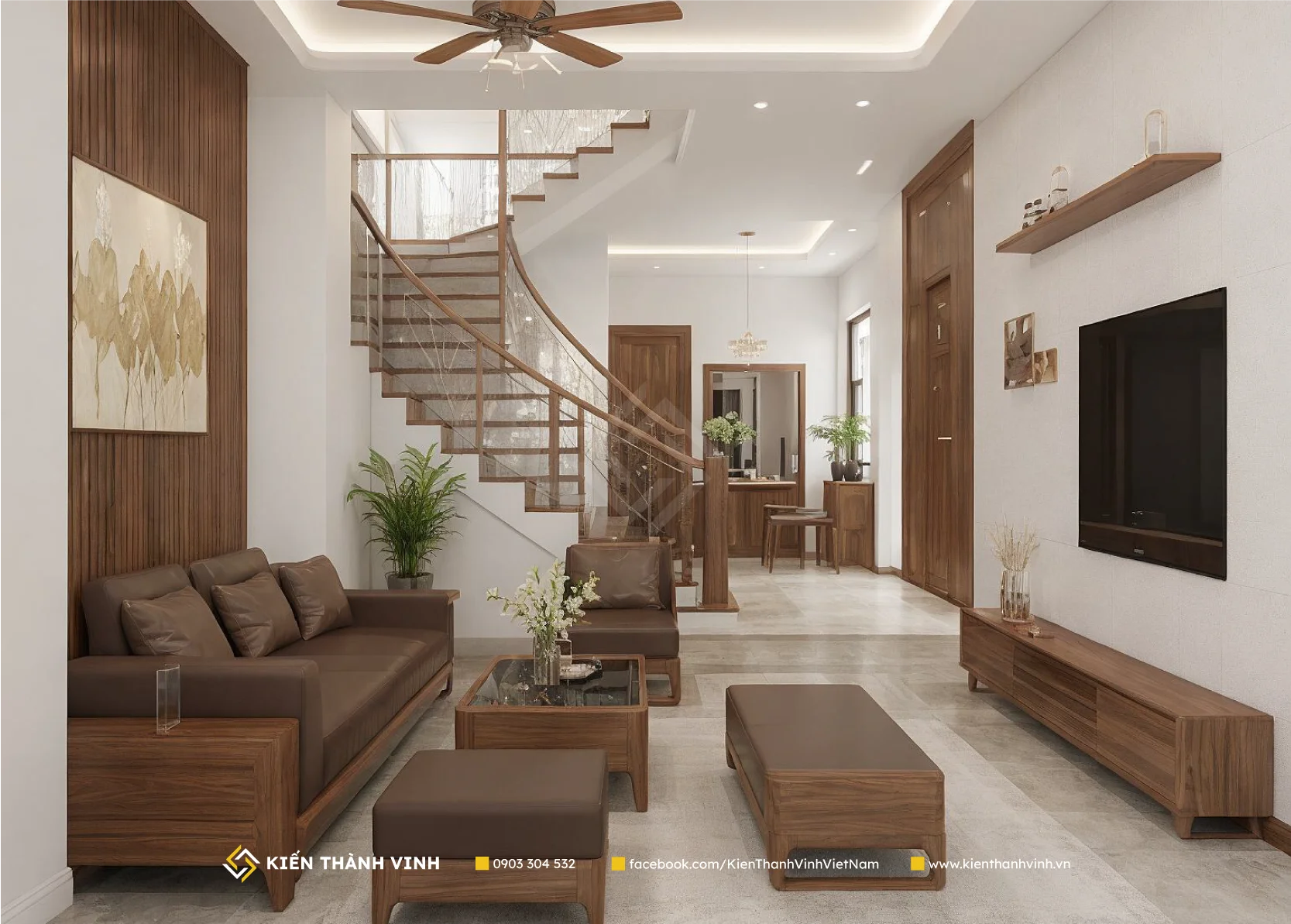toàn cảnh phòng khách nhà phố hiện đại với kiến trúc thẳng tầng Visionary Home