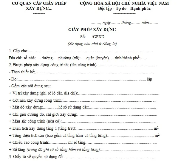 Mẫu giấy phép xây dựng
