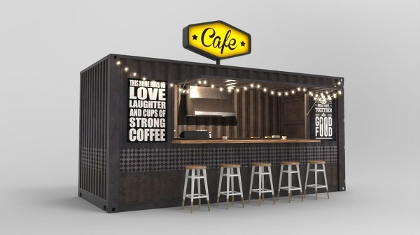 thiết kế quán cafe container tiết kiệm chi phí với gam màu đen vàng